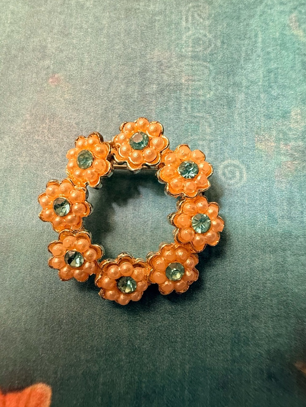 Floral Crystal Accent Brooch - Peach and Teal